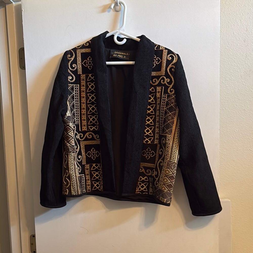 Black and Gold Cropped Blazer with Ornate Design